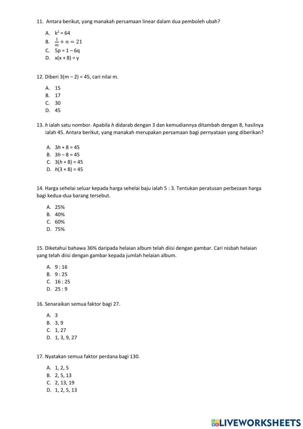 UJIAN MATEMATIK TINGKATAN 1