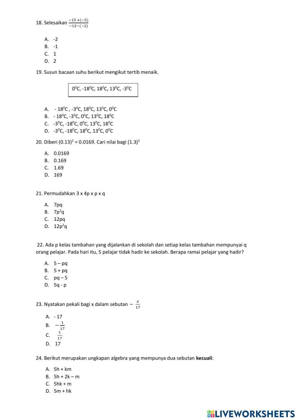 UJIAN MATEMATIK TINGKATAN 1 UJIAN MATEMATIK TINGKATAN 1