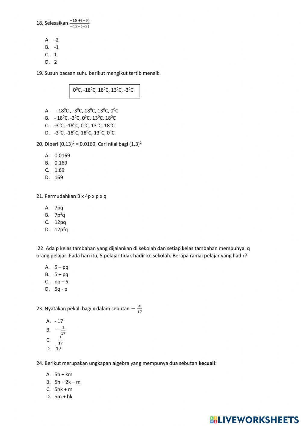 UJIAN MATEMATIK TINGKATAN 1