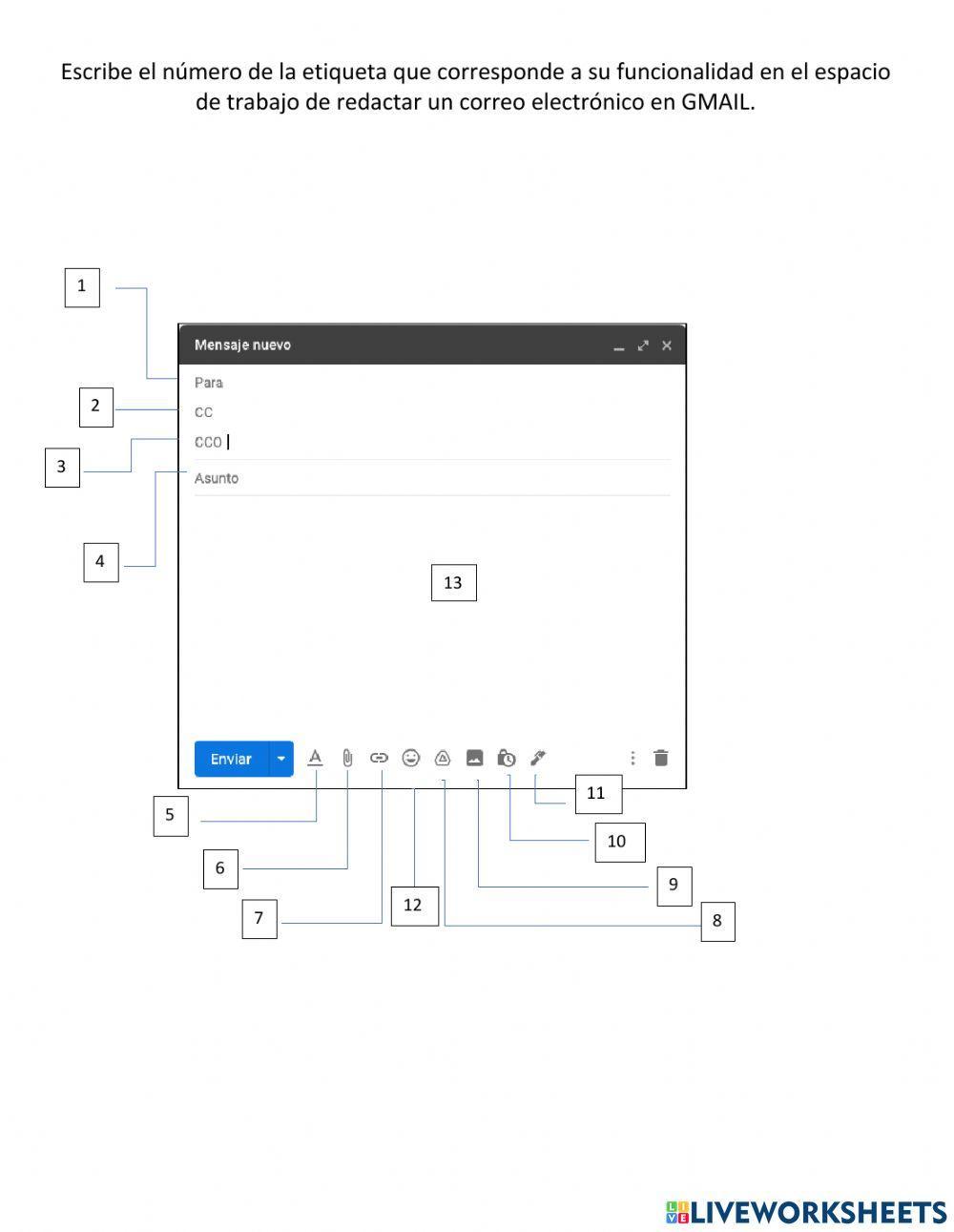 Escribe el número de la etiqueta que corresponde a su funcionalidad en el espacio de trabajo de redactar un correo electrónico en GMAIL.