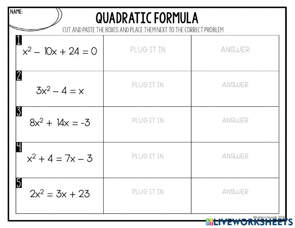 Quadratic Formula Cut and Paste online exercise for | Live Worksheets