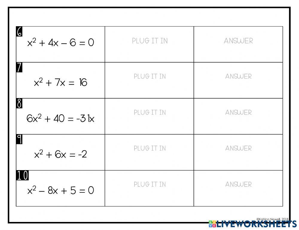 Quadratic Formula Cut and Paste online exercise for | Live Worksheets