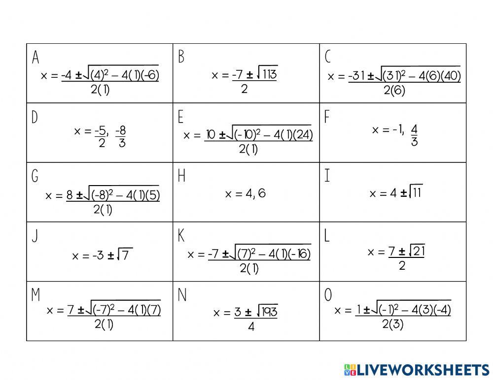 Quadratic Formula Cut and Paste online exercise for | Live Worksheets
