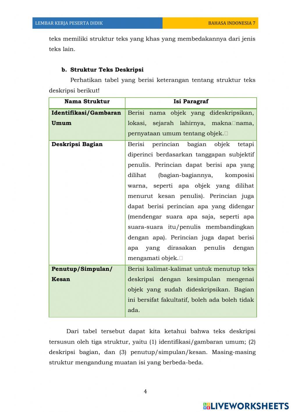 LKPD Bahasa Indonesia VII-3 Menelaah Struktur Deskripsi