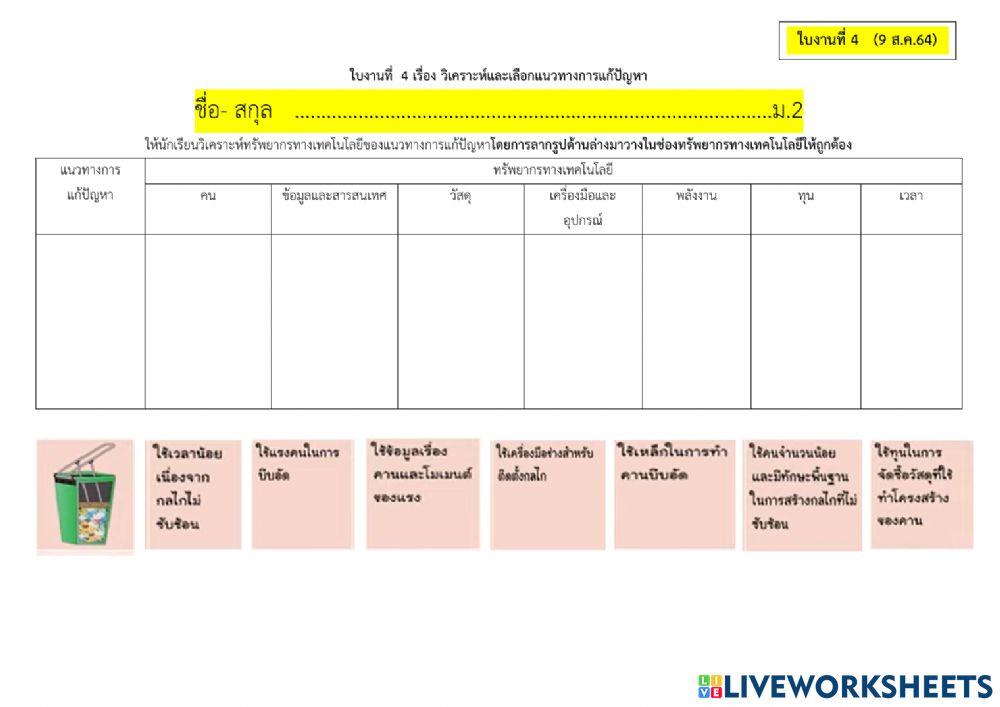 ใบงาน  การวิเคราะห์และเลือกแนวทางการแก้ปัญหา