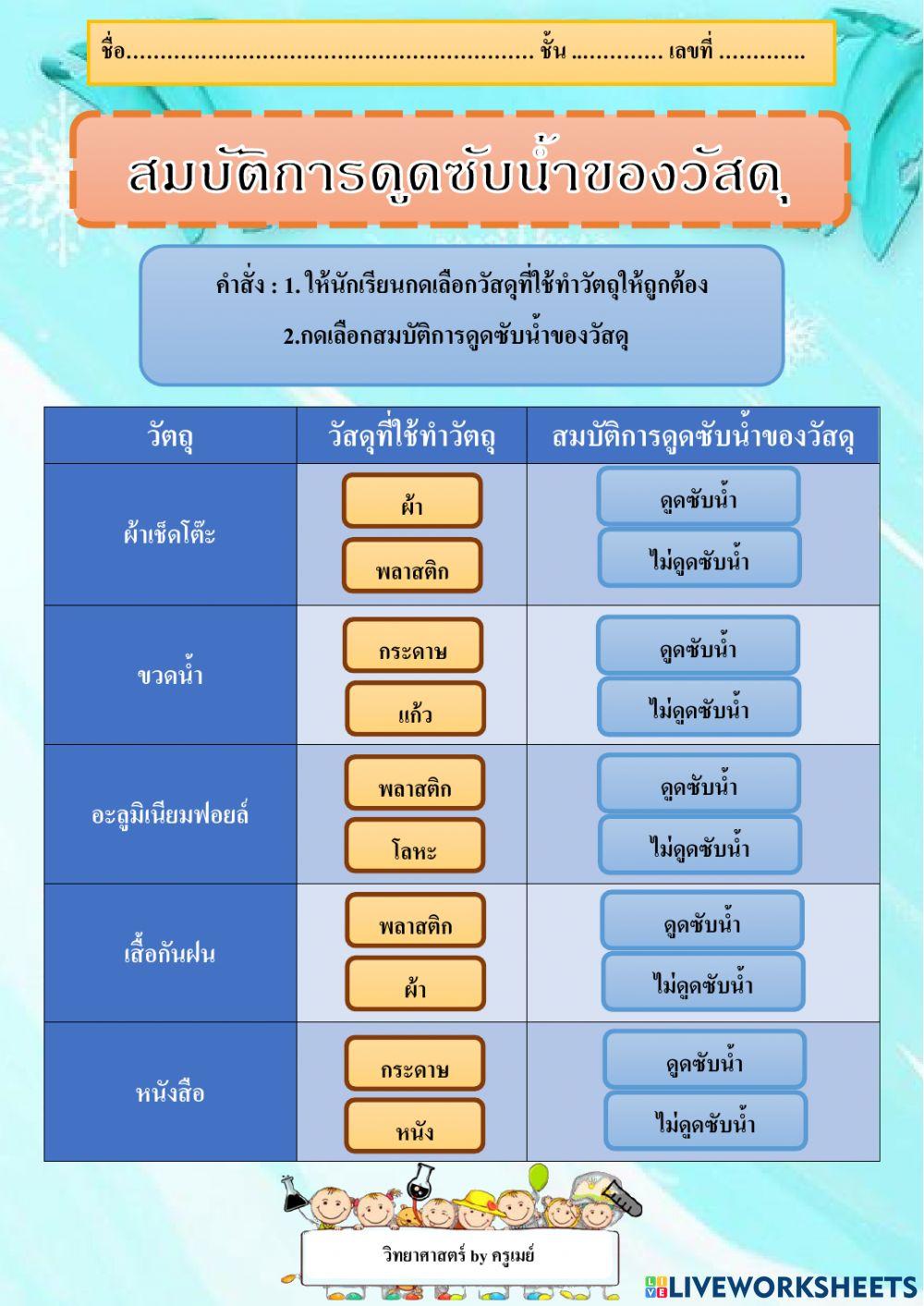ใบกิจกรรมเรื่องสมบัติการดูดซับน้ำของวัสดุ