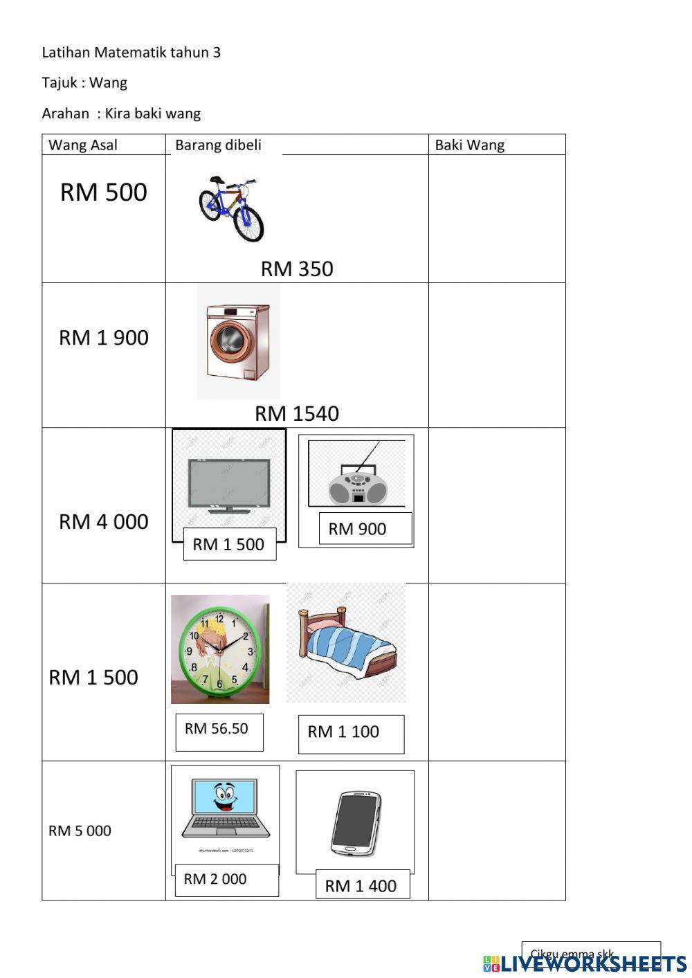 Latihan Matematuk tahun 3 - Wang