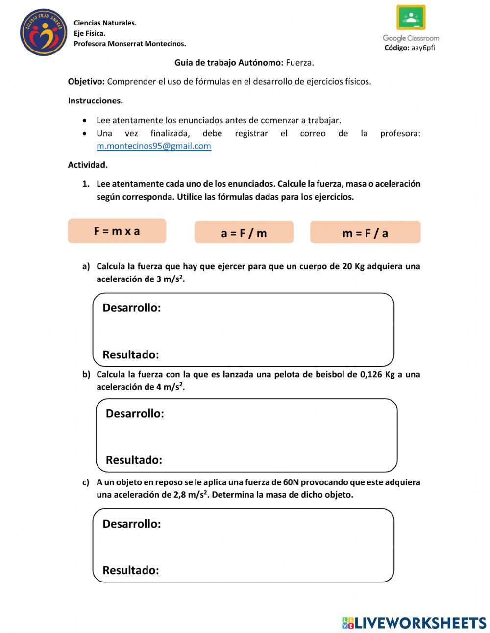 Guía trabajo autónomo: Fuerza
