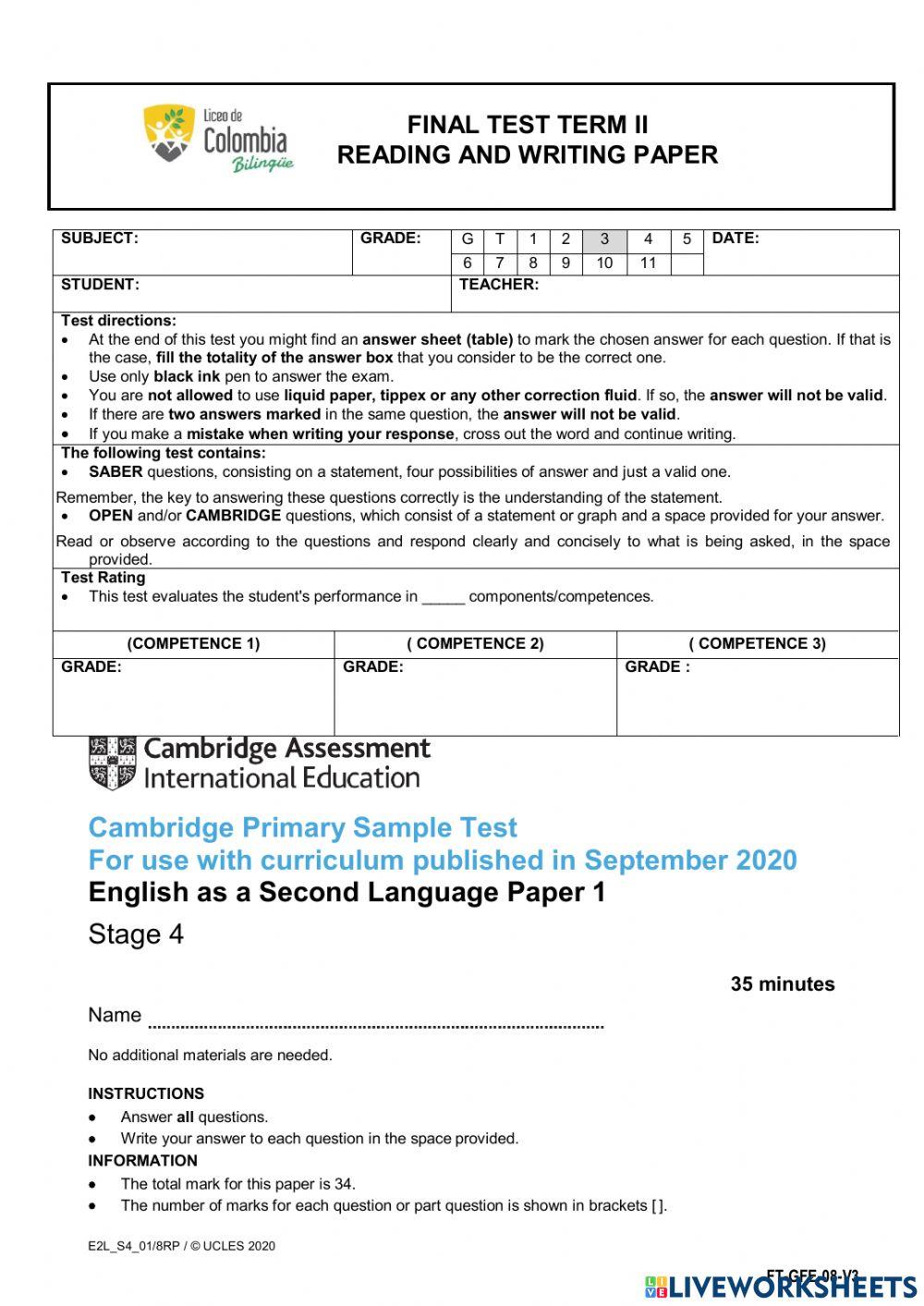 T2-diagnostic test reading and writing 3rd grade