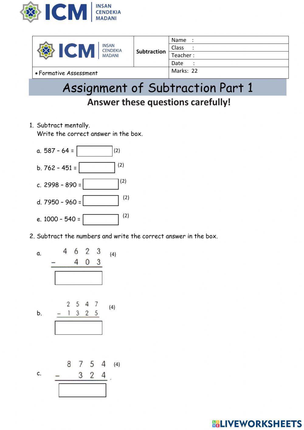 Subtraction part 1 interactive worksheet | Live Worksheets