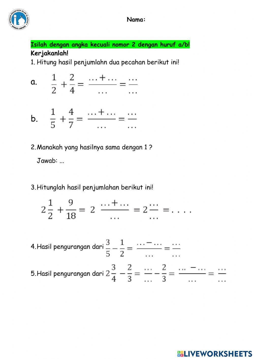 Penjumlahan dan pengurangan pecahan bagian 1