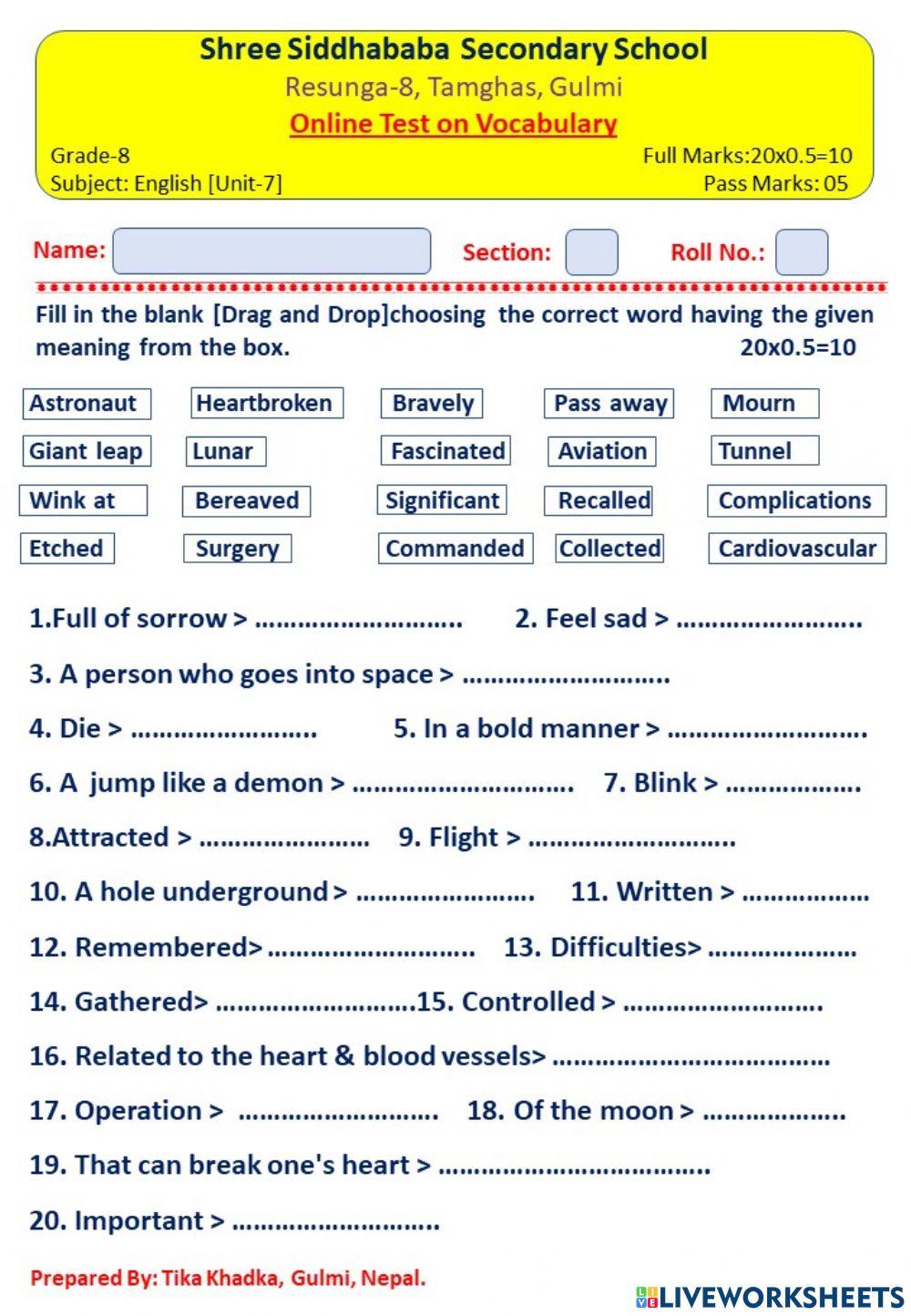 Vocabulary of Grade-8 English Unit-7