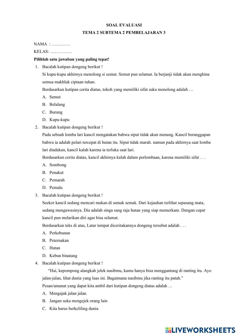 Evaluasi Kelas 3 Tema 2 Subtema 2 Pembelajaran 3