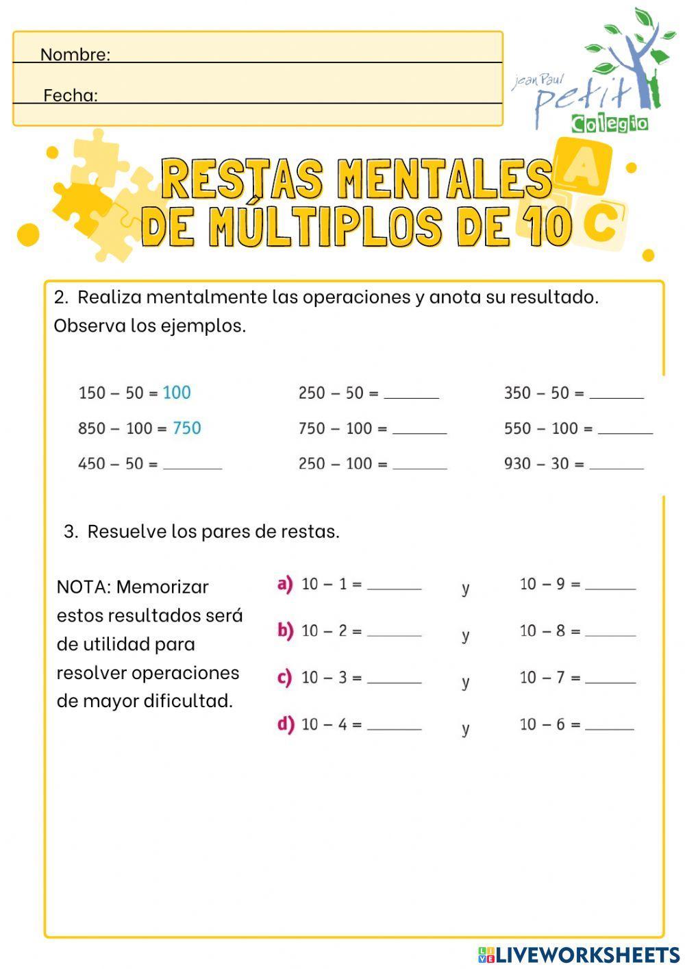 Restas Mentales de Múltiplos de 10