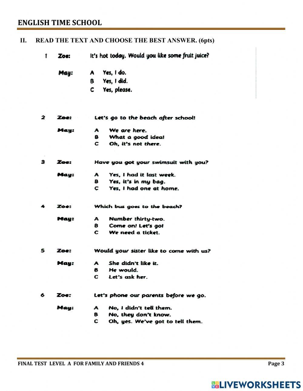 Midterm test-level A-FF4- Reading and writing