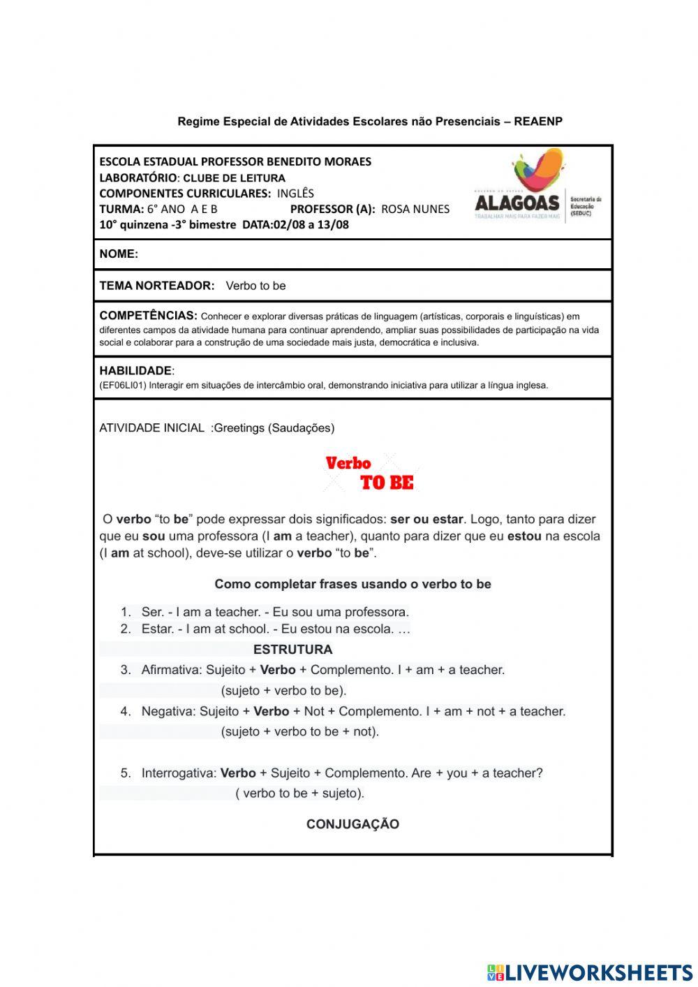 Roteiro de Inglês  - 6 ano- 10 ° quinzena