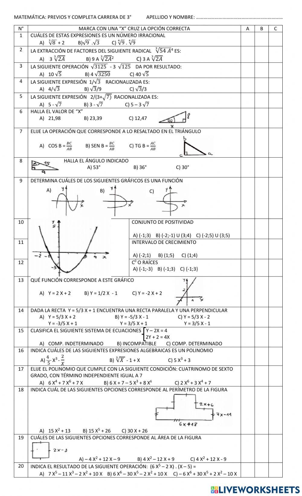 Examen matematica 3° 2021