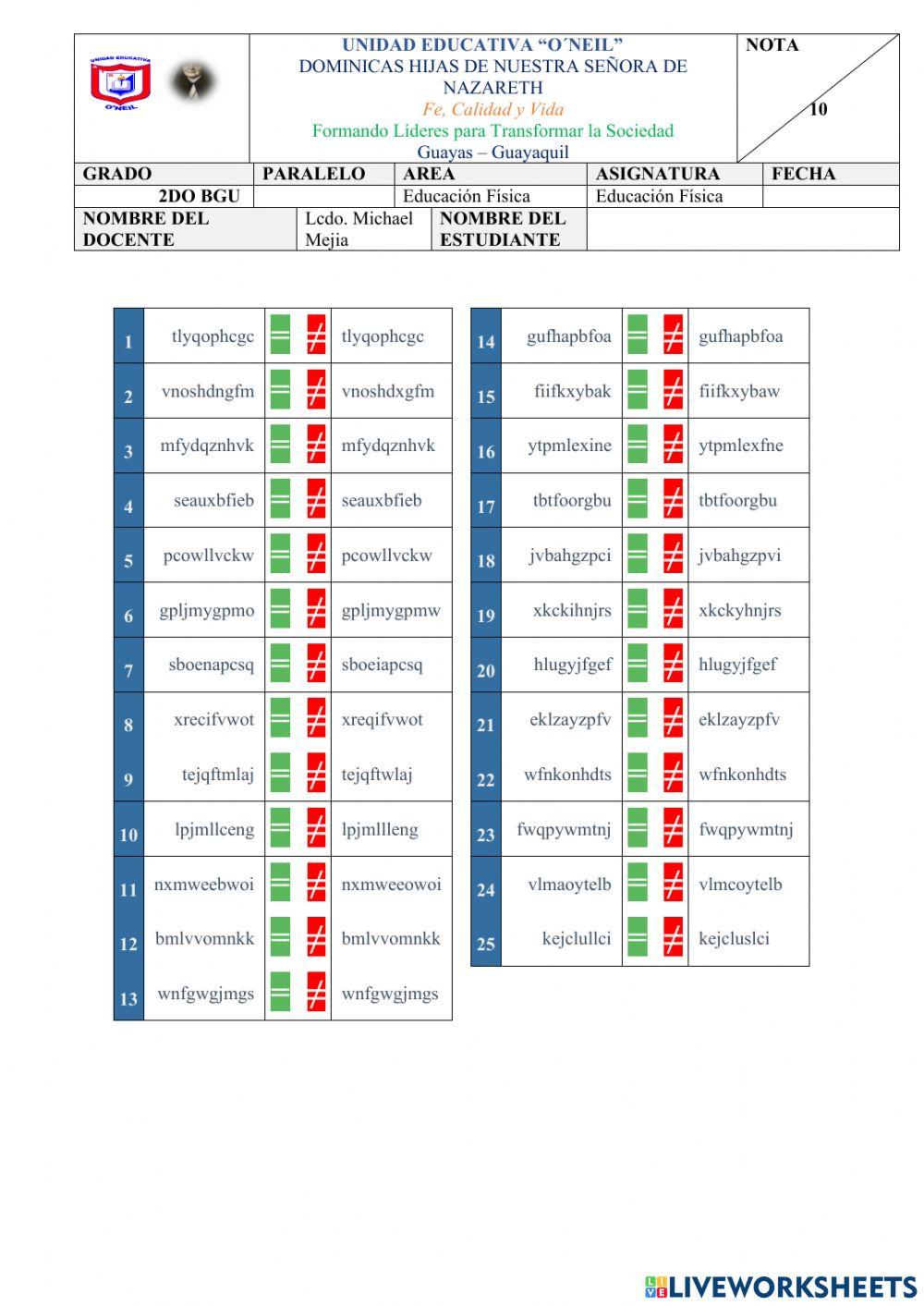 Test psicotécnico: Detectar igualdades