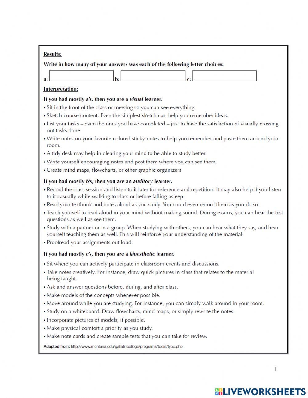 Learning styles Quiz online exercise for Live Worksheets