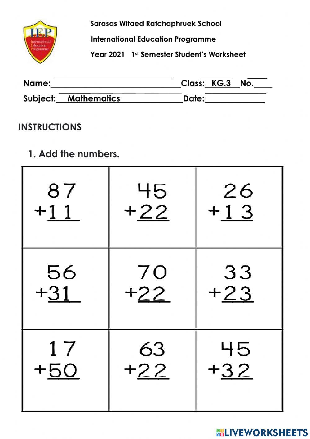 2 DIGIT ADDITION worksheet Live Worksheets