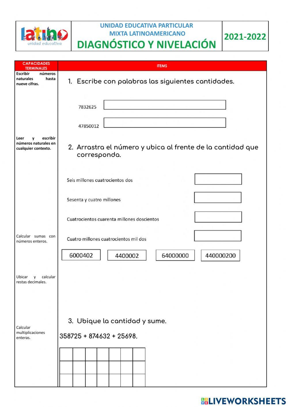 Prueba diagnóstica Matemática Séptimo