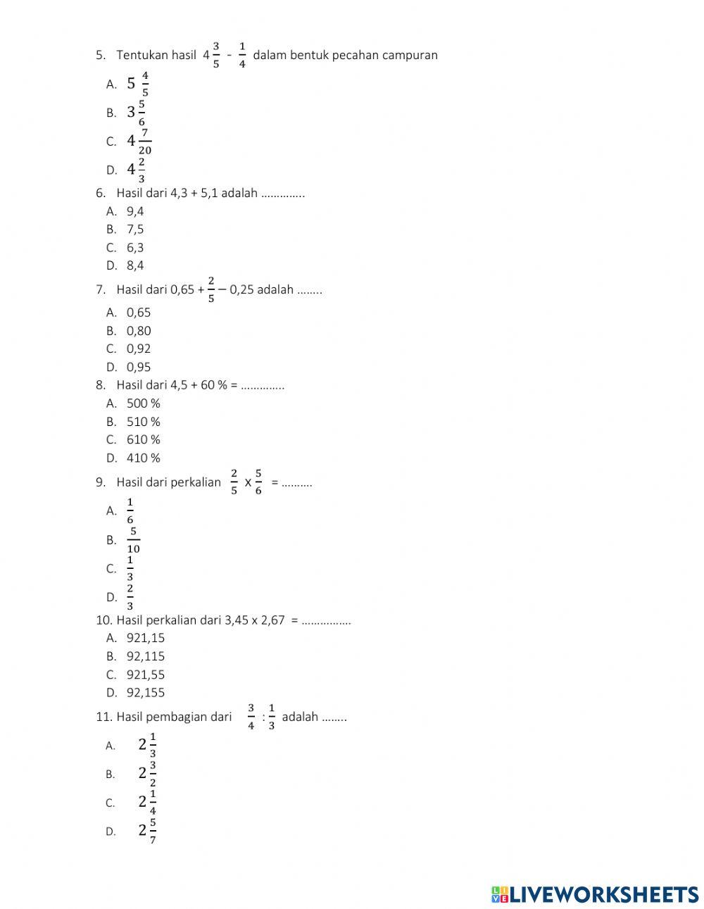 Soal penilaian harian matematika 1 pecahan