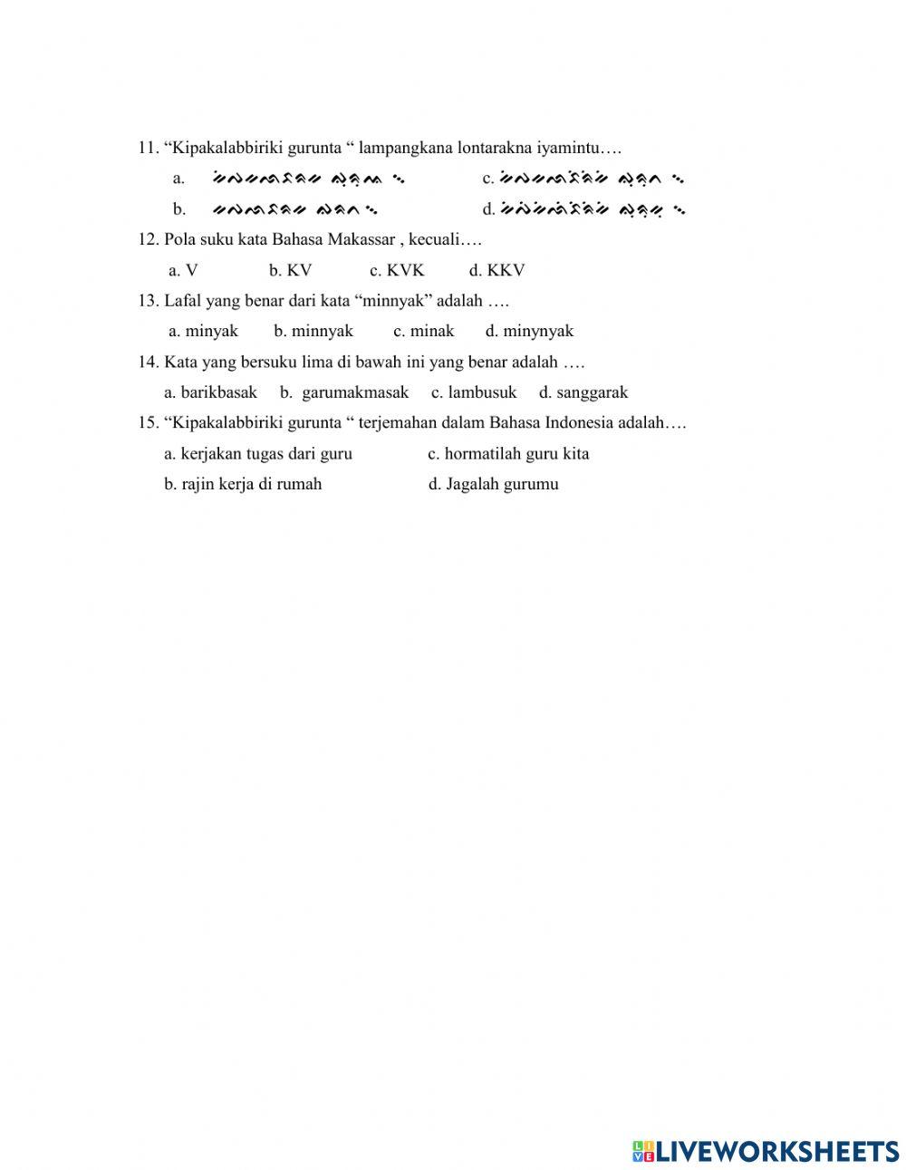 Worksheet pilihan ganda