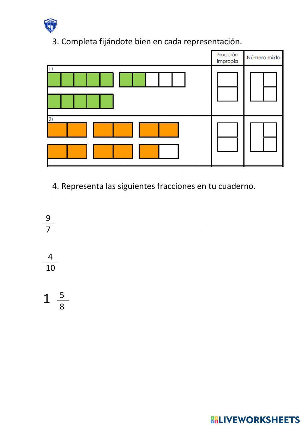 Representar fracciones propias, impropias y números mixtos