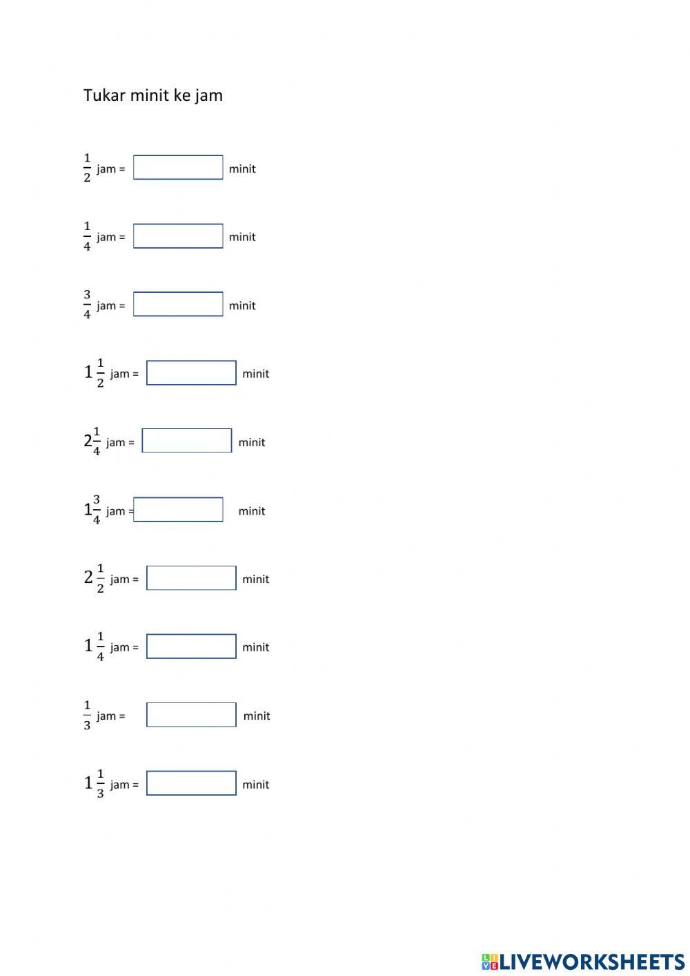 Tukar jam ke minit (pecahan)