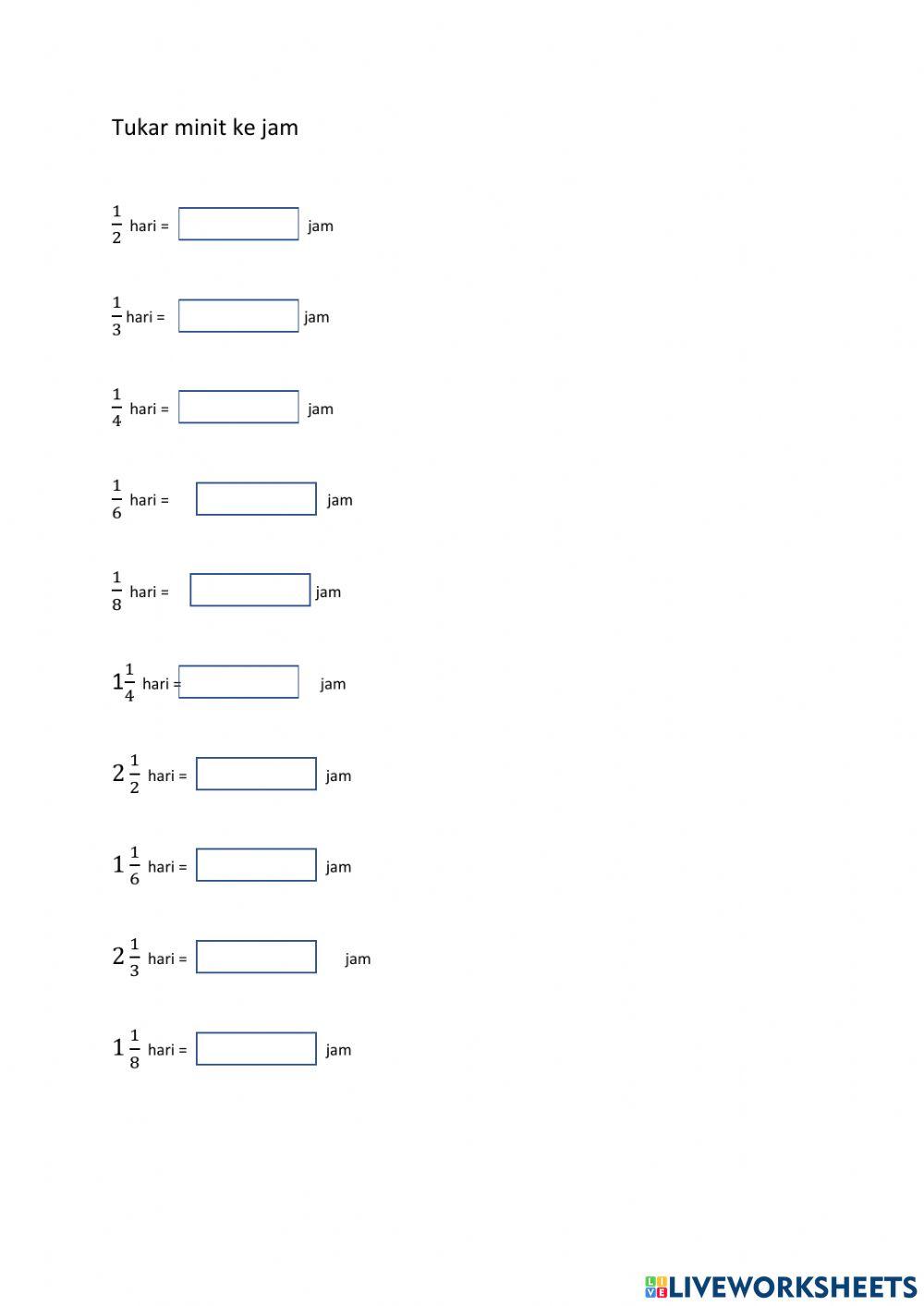 Tukar hari ke jam (pecahan)