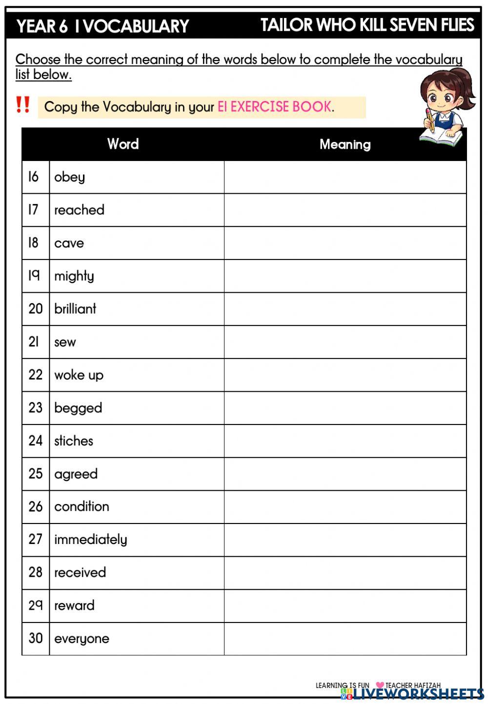 Year 6 i  vocabulary i tailor who kill seven flies