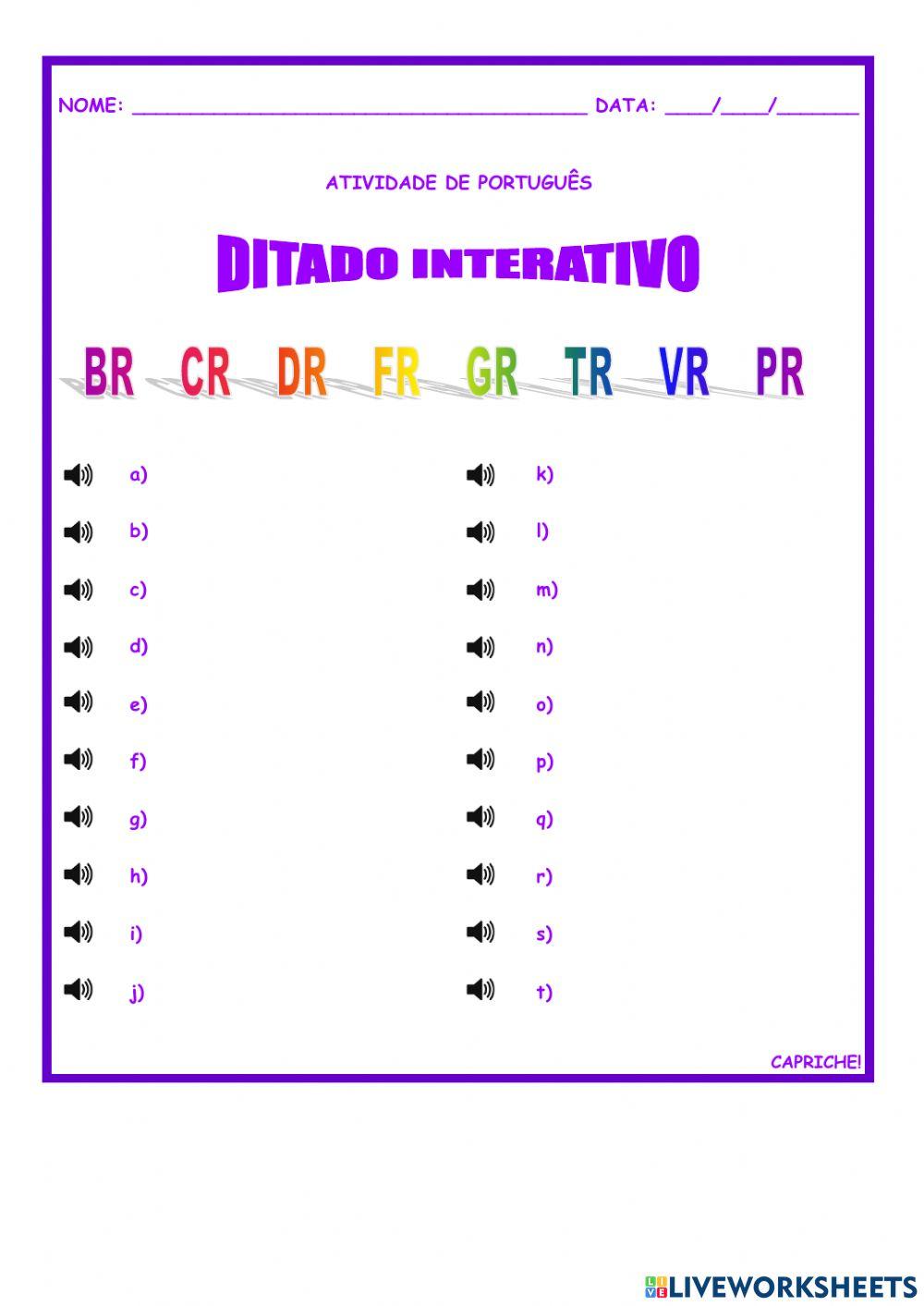 Palavras com br, gr, fr, tr, pr, vr, dr e cr
