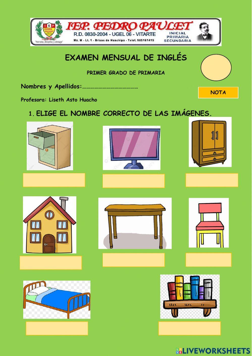 Examen de ingles primer grado, mes de agosto