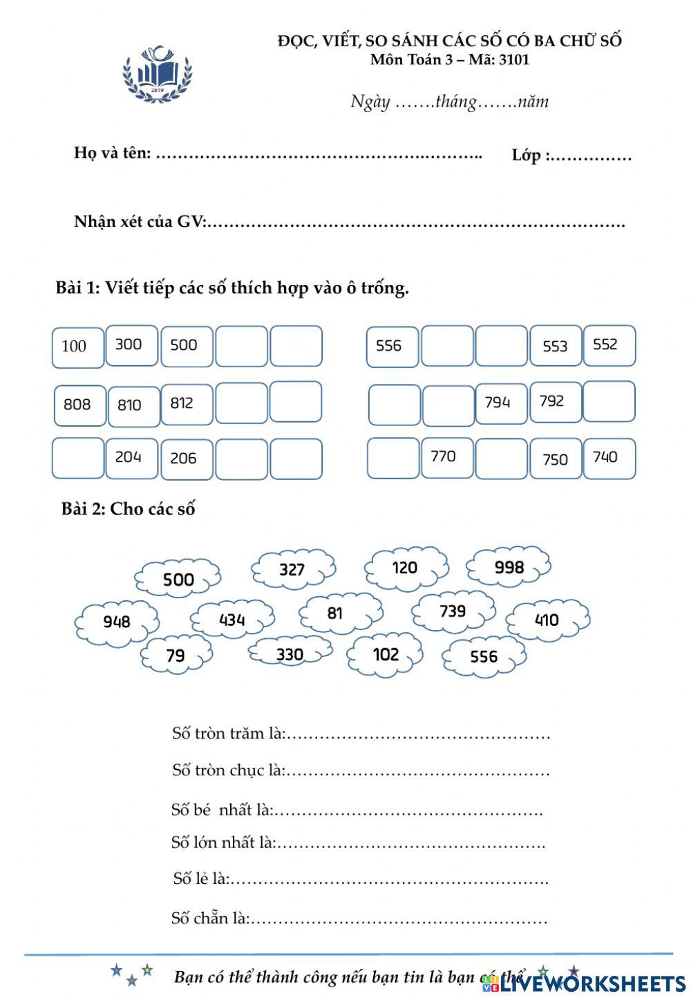 Đọc, viết so sánh có ba chữ số