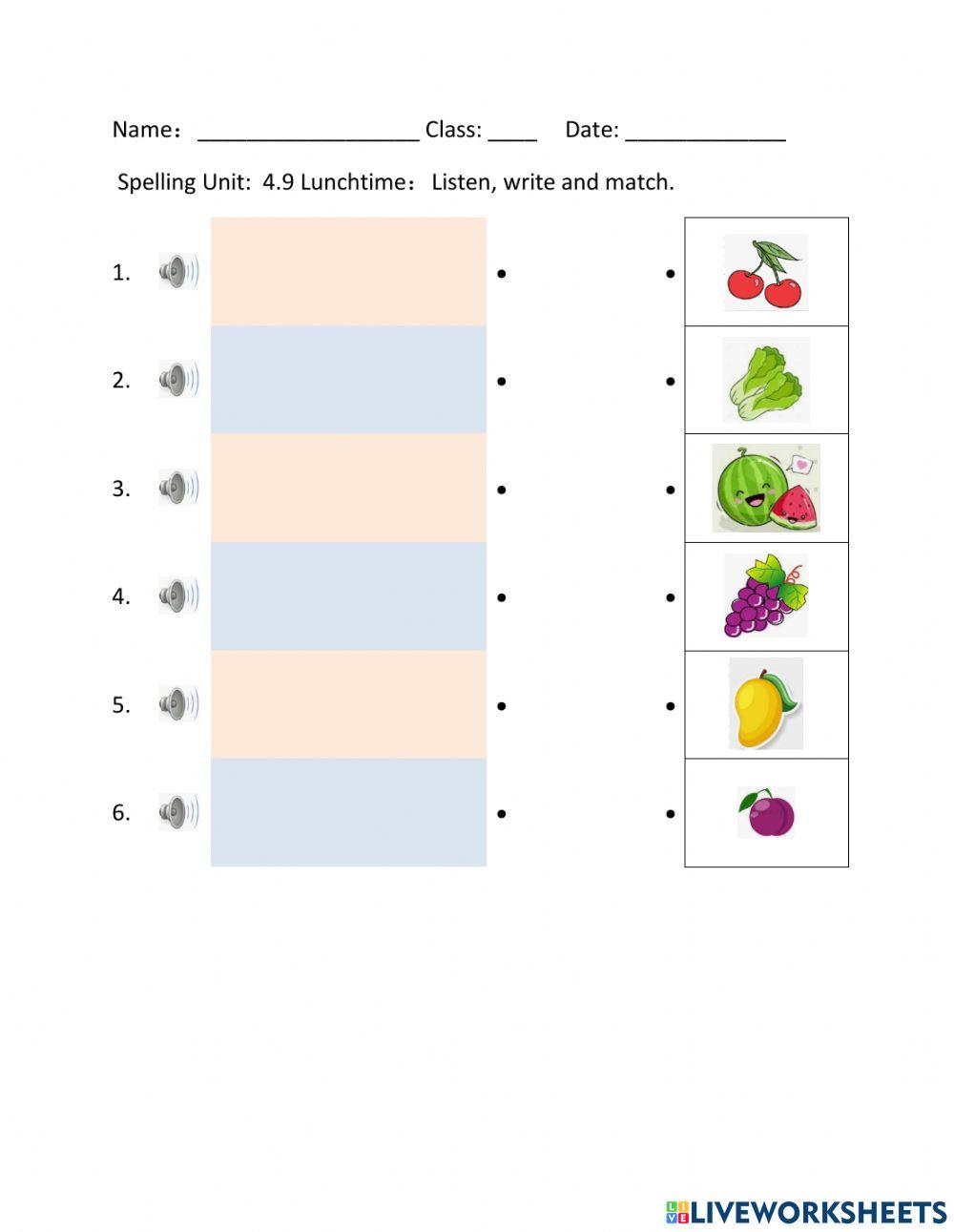 Spelling Unit:  4.9 Lunchtime：