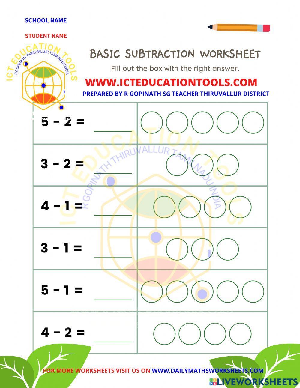 Maths worksheets subtraction