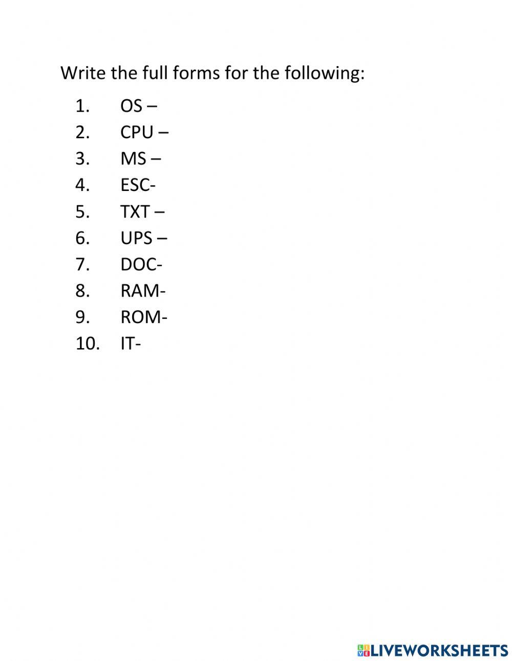 Full Forms interactive worksheet | Live Worksheets