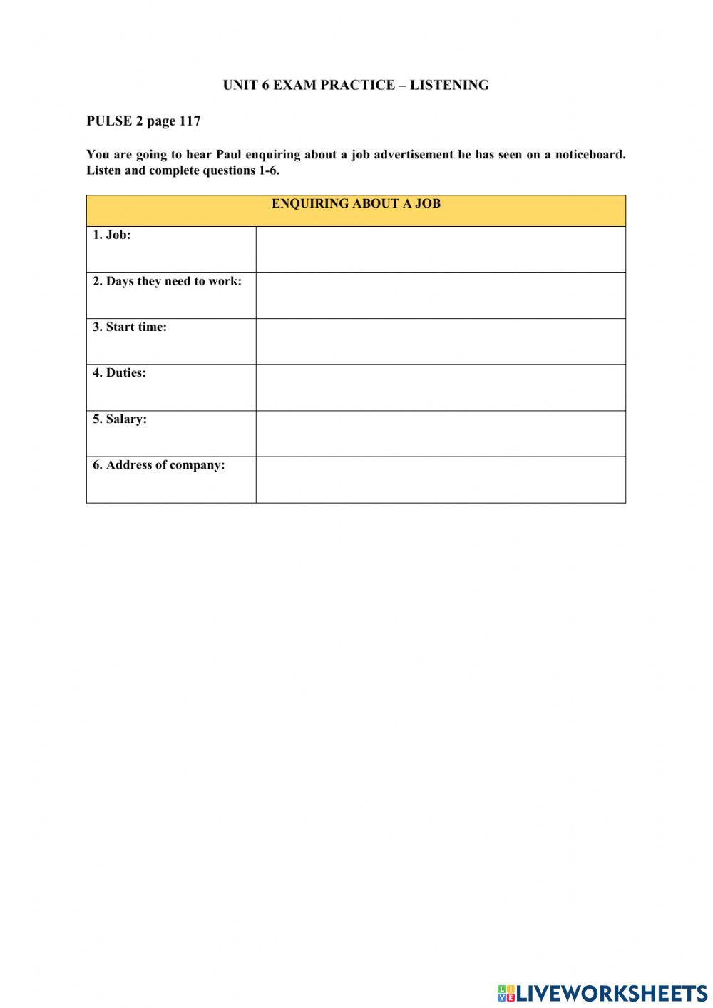 Pulse 2 unit 6 exam practice