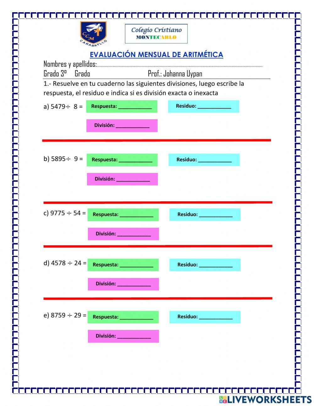 Evaluación mensual de aritmetica