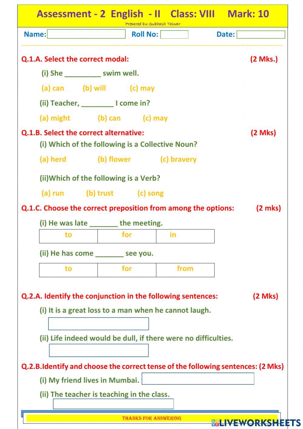 Assessment 2 Eng 2 Class VIII 1