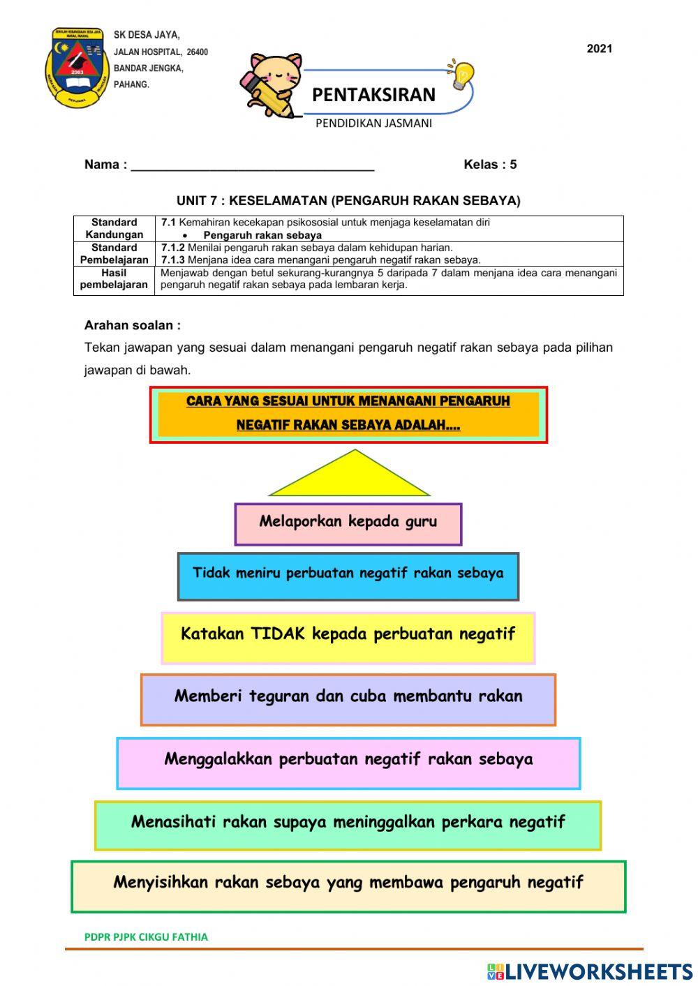 Pentaksiran PJPK Tahun 5 : Pengaruh Rakan Sebaya