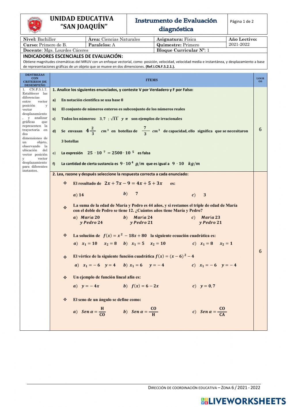 Evaluación de Física Primero