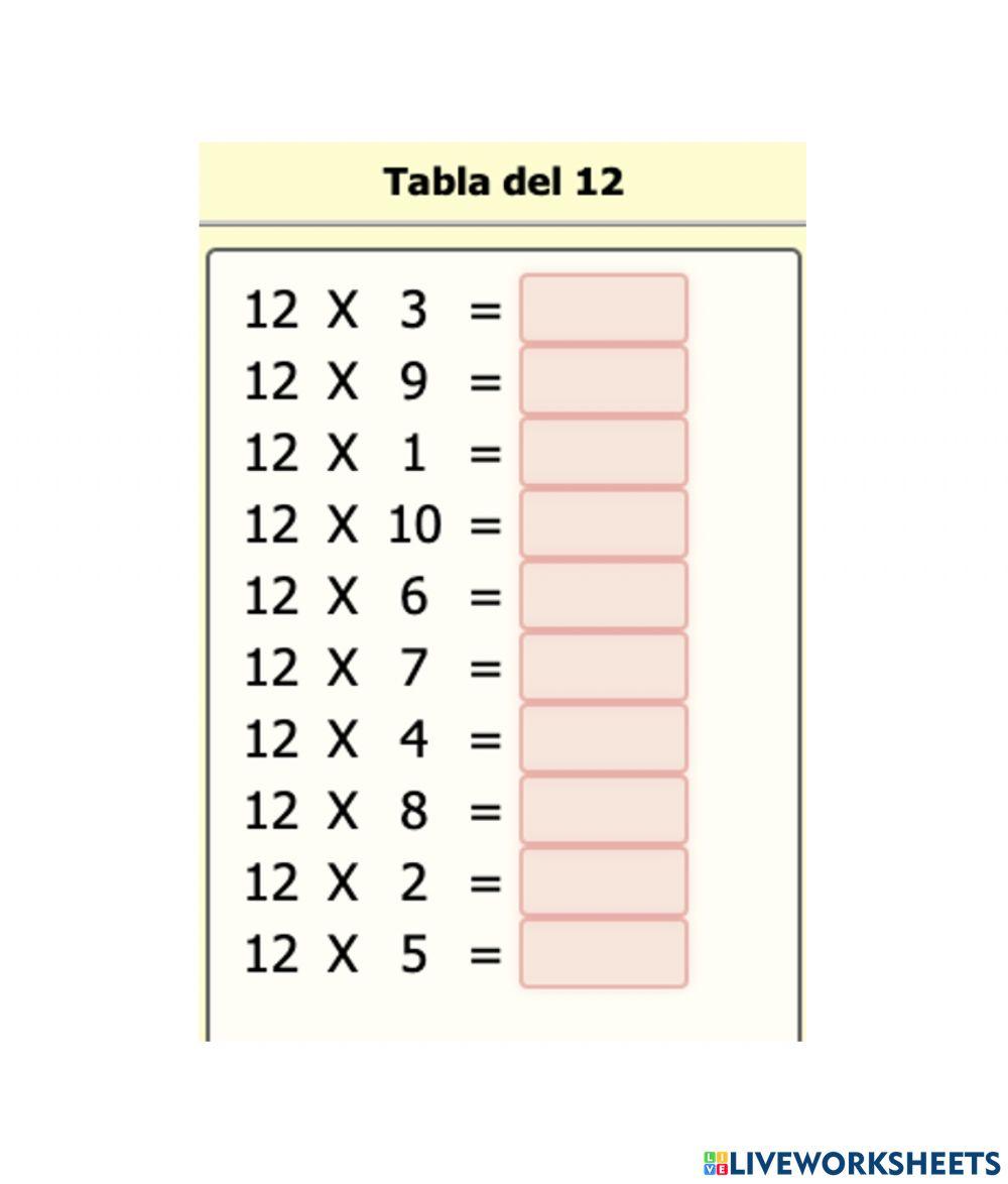 La Tabla Del 12 Calculo mental tabla del 12 worksheet | Live Worksheets