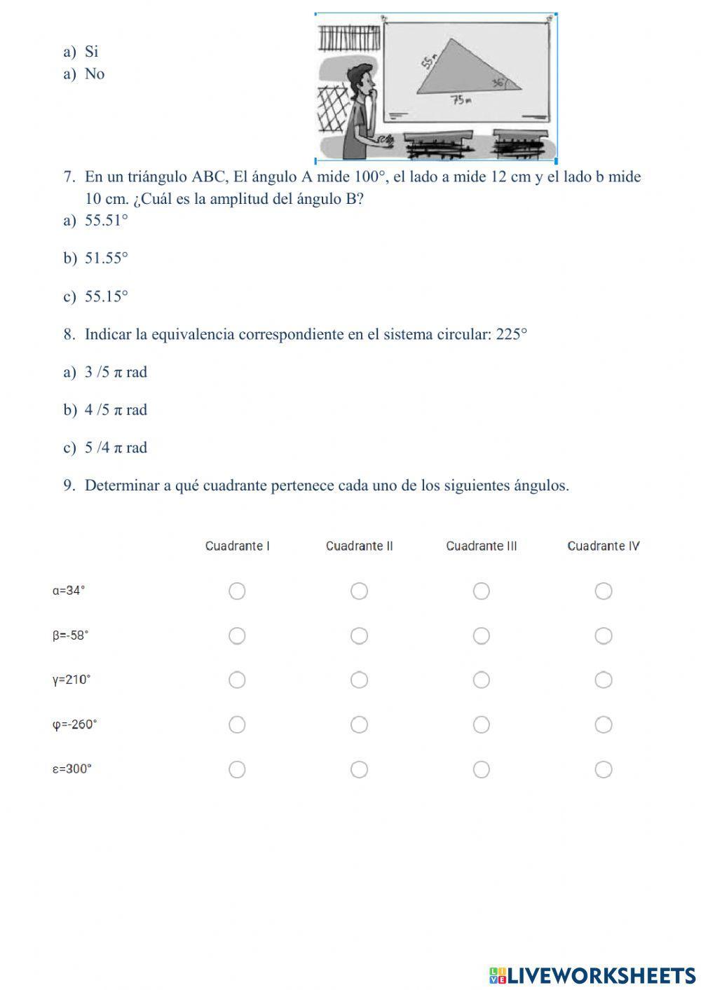Teorema del seno. Teorema del coseno. Equivalencias de sistemas de medición de ángulos