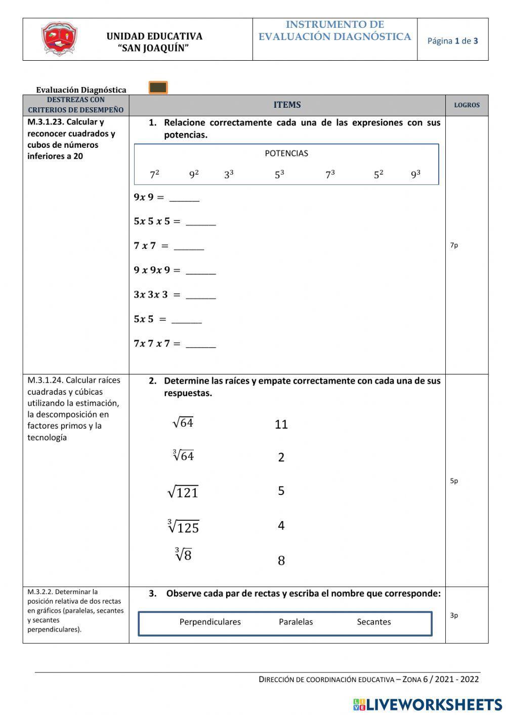 Evaluación Diagnóstica Matemática Octavo