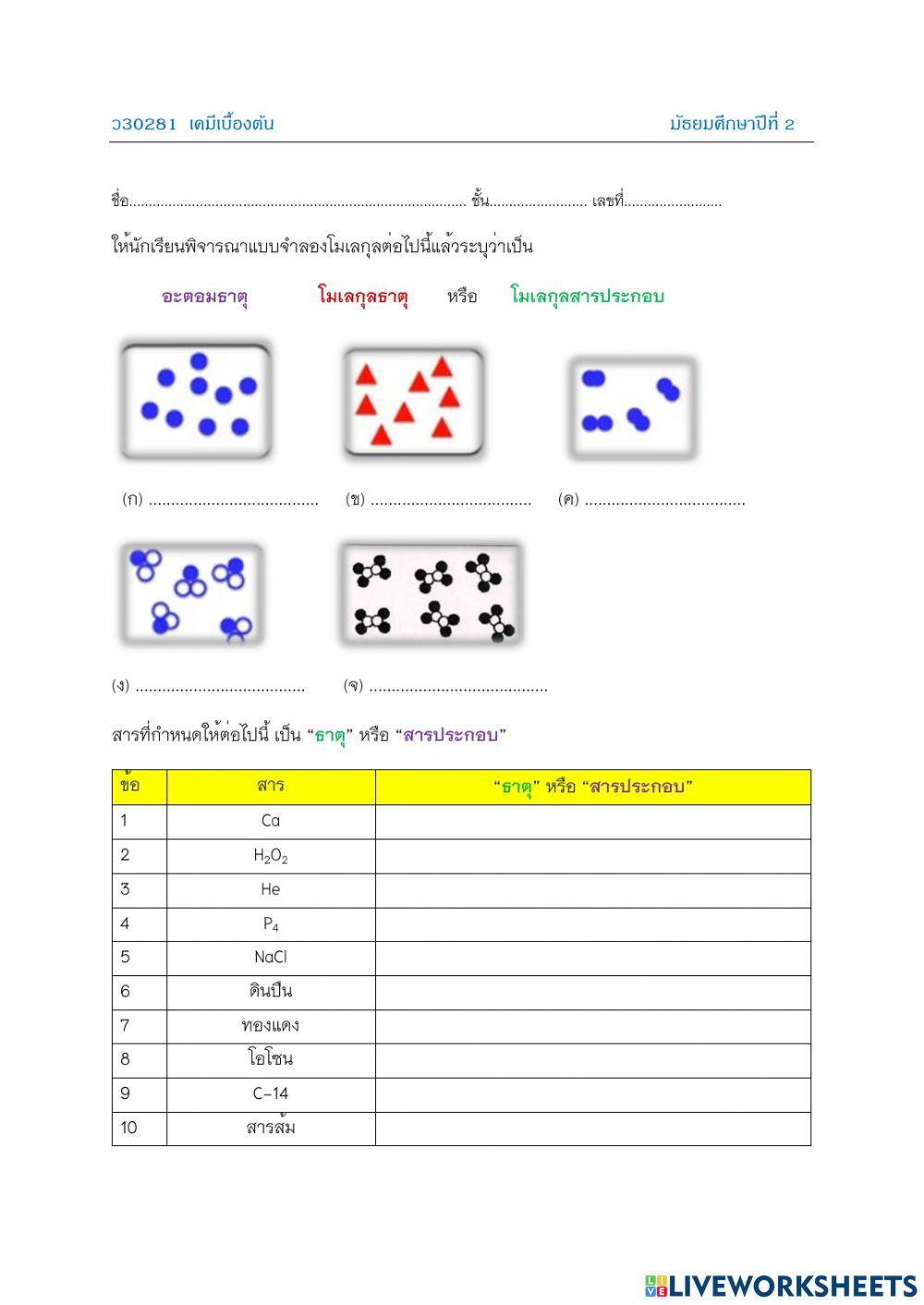 แบบฝึกหัดเรื่อง ธาตุและสารประกอบ