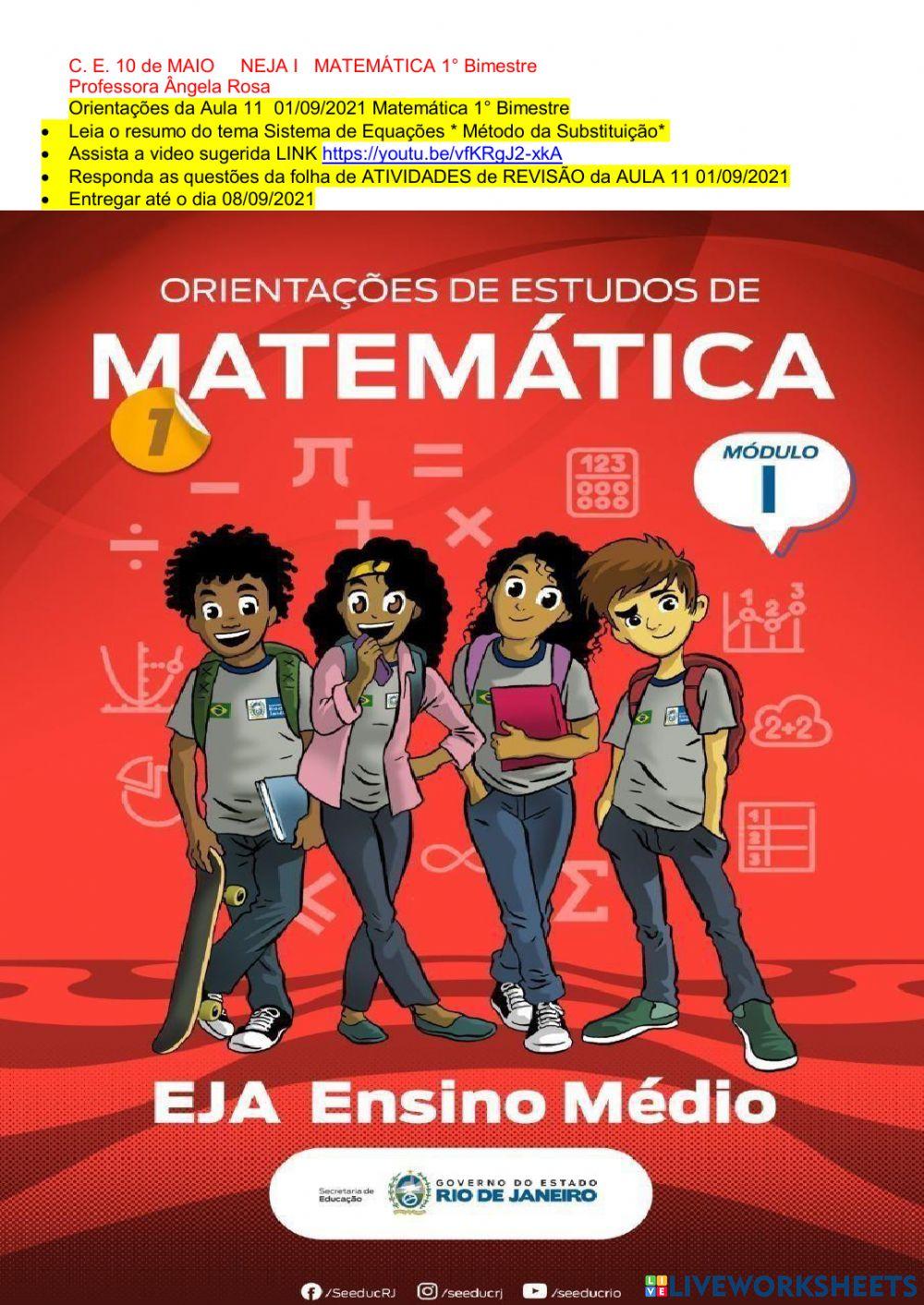 NEJA I AULA 11 01-09-2021 Matemática 1° Bim Sistema de Equações -Método da Substituição