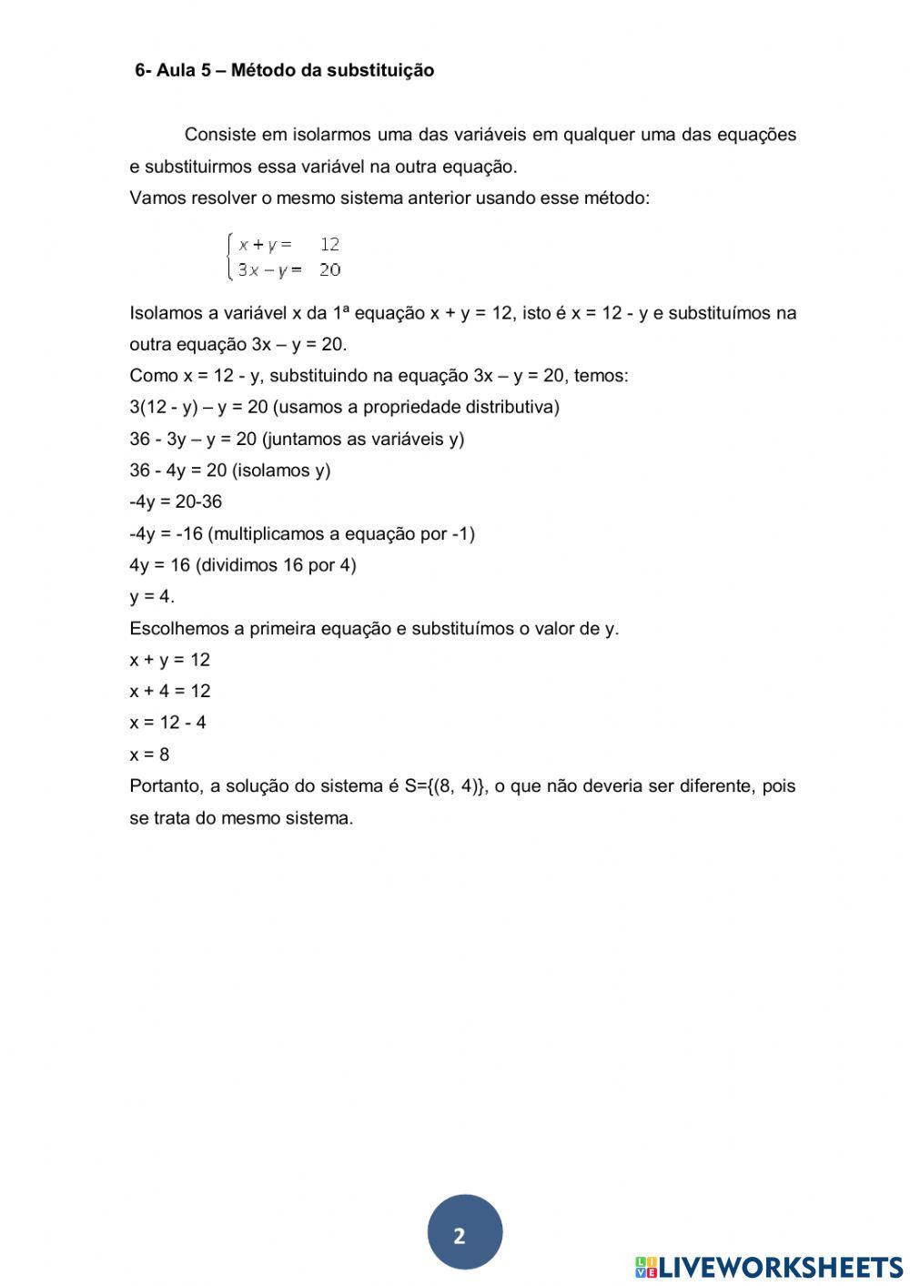 NEJA I AULA 11 01-09-2021 Matemática 1° Bim Sistema de Equações -Método da Substituição