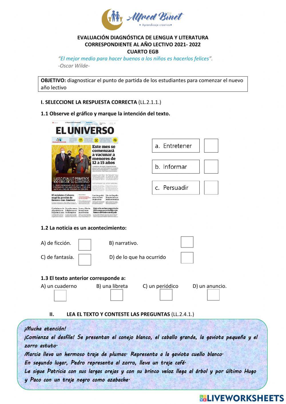 Evaluación diagnóstica de Lengua y Literatura