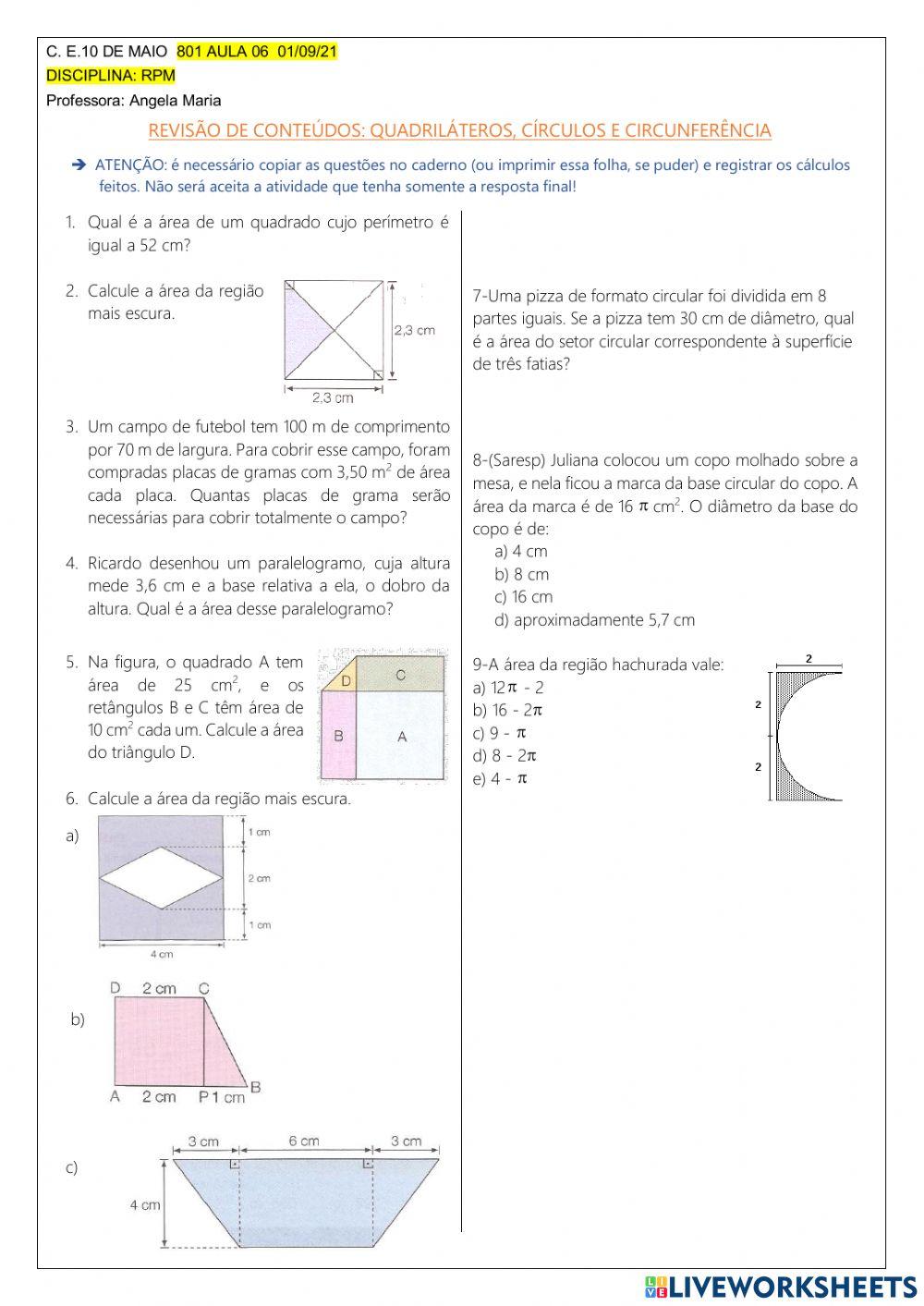 801 AULA 06 02-09-2021 RPM REVISÃO DE CONTEÚDOS QUADRILÁTEROS, CÍRCULOS e CIRCUNFERÊNCIA